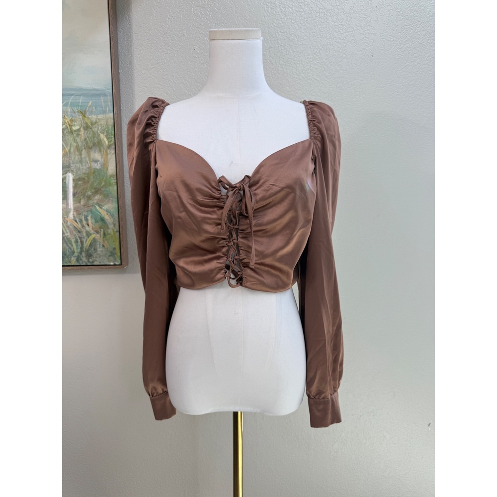 Haute Monde Brown Satin Lace Up Puff Sleeve Crop Top Medium